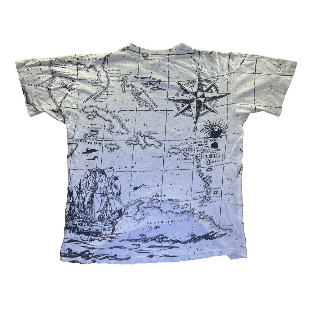 Vintage Caribbean Map Graphic T-Shirt XL White Compass Parrot Cotton USA - Picture 5 of 7